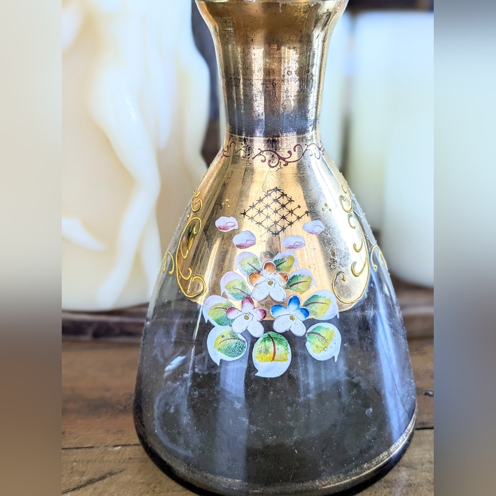 Vintage Smokey floral glass decanter gold accents Bohemia Glass - Picture 4 of 5